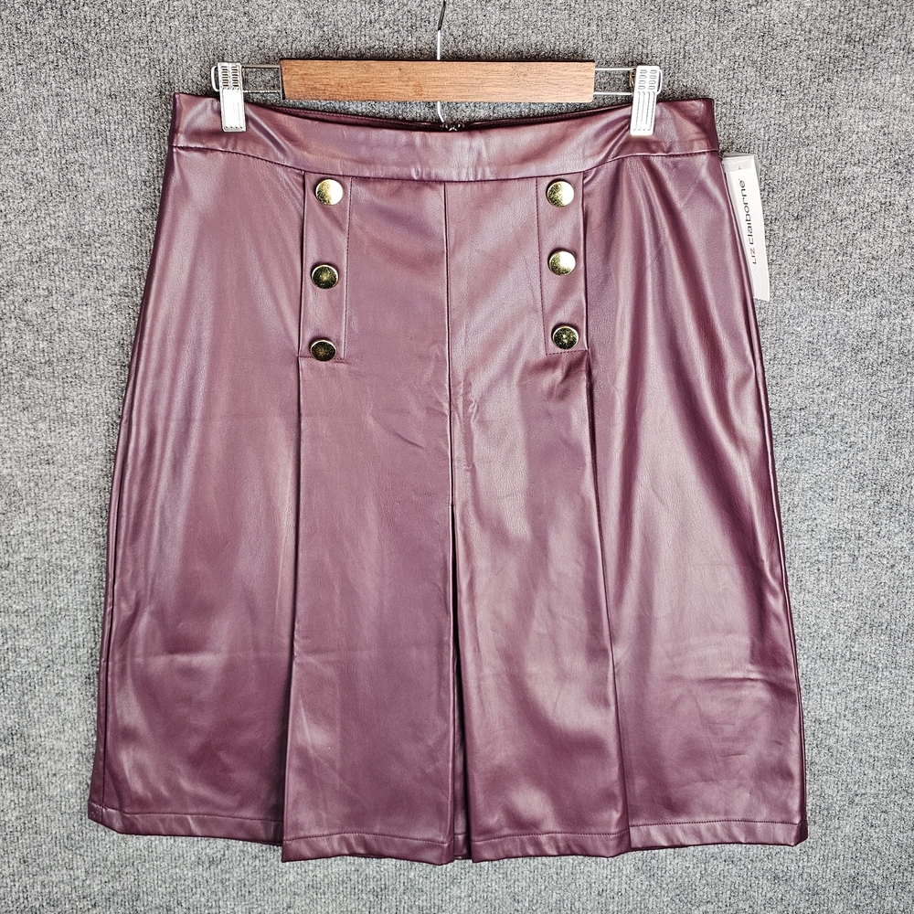 NWT Liz Claiborne Wine Faux‎ Leather Pleated A-Line Skirt, Gold Buttons, Size 8